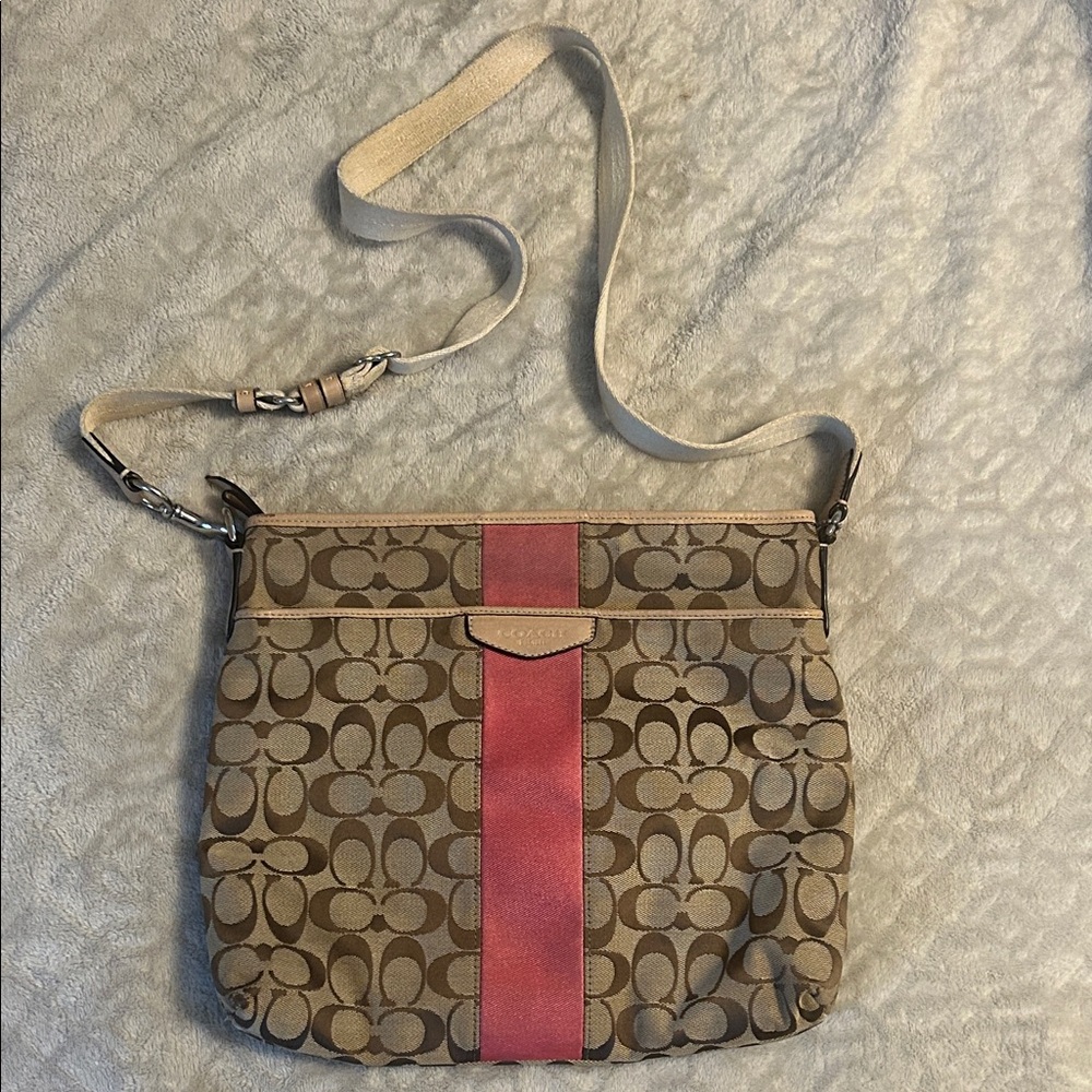 Coach Beige Signature Crossbody with Pink Center Stripe